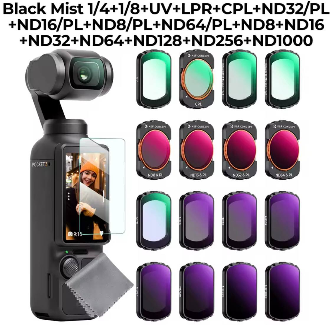 K& F Sport Effect Filter for DJI Osmo Pocket 3 UV CPL ND ND/PL Black Mist 1/2 1/4 1/8 LPR Star 1.2X Wide-Angle Filter Set