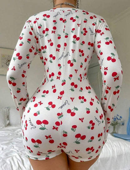 Summer American Cherry Print V-neck Single-breasted Short Sleeve Slim Jumpsuit For Women