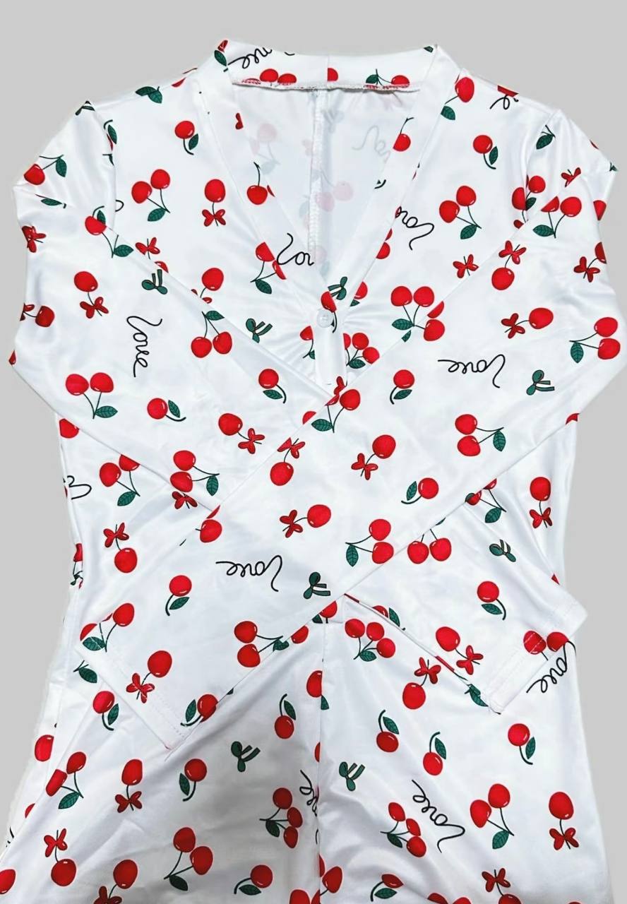 Summer American Cherry Print V-neck Single-breasted Short Sleeve Slim Jumpsuit For Women