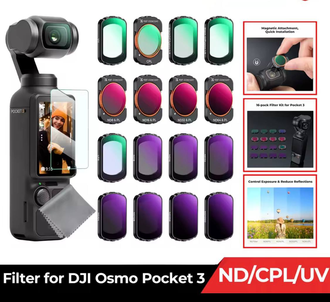K& F Sport Effect Filter for DJI Osmo Pocket 3 UV CPL ND ND/PL Black Mist 1/2 1/4 1/8 LPR Star 1.2X Wide-Angle Filter Set