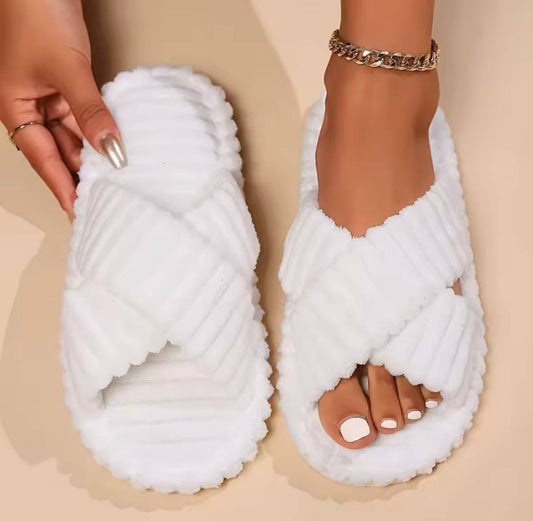 Women Corduroy Cross Strap Home Slippers Men Soft Warm Flat Slides Family Indoor Fashion Concise Plush Sandals For Four Seasons